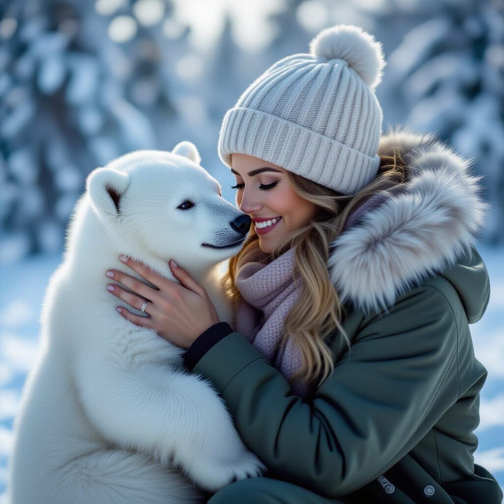 Woman Adoring Polar Bear Cub in Winter