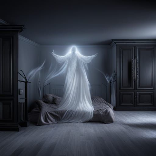 Ethereal Spirits in Haunted Bedroom, Luminous Digital Art
