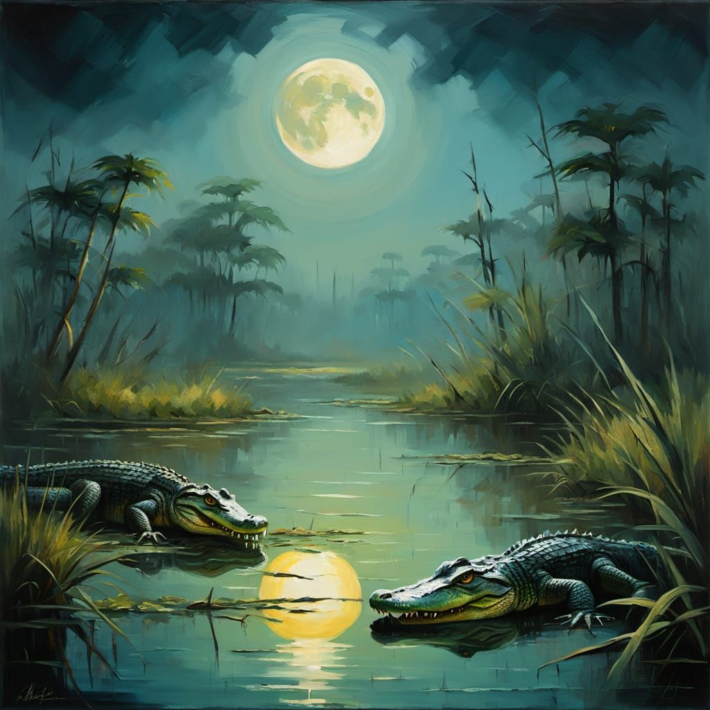 Impressionist Alligators in a Misty Moonlit Swamp