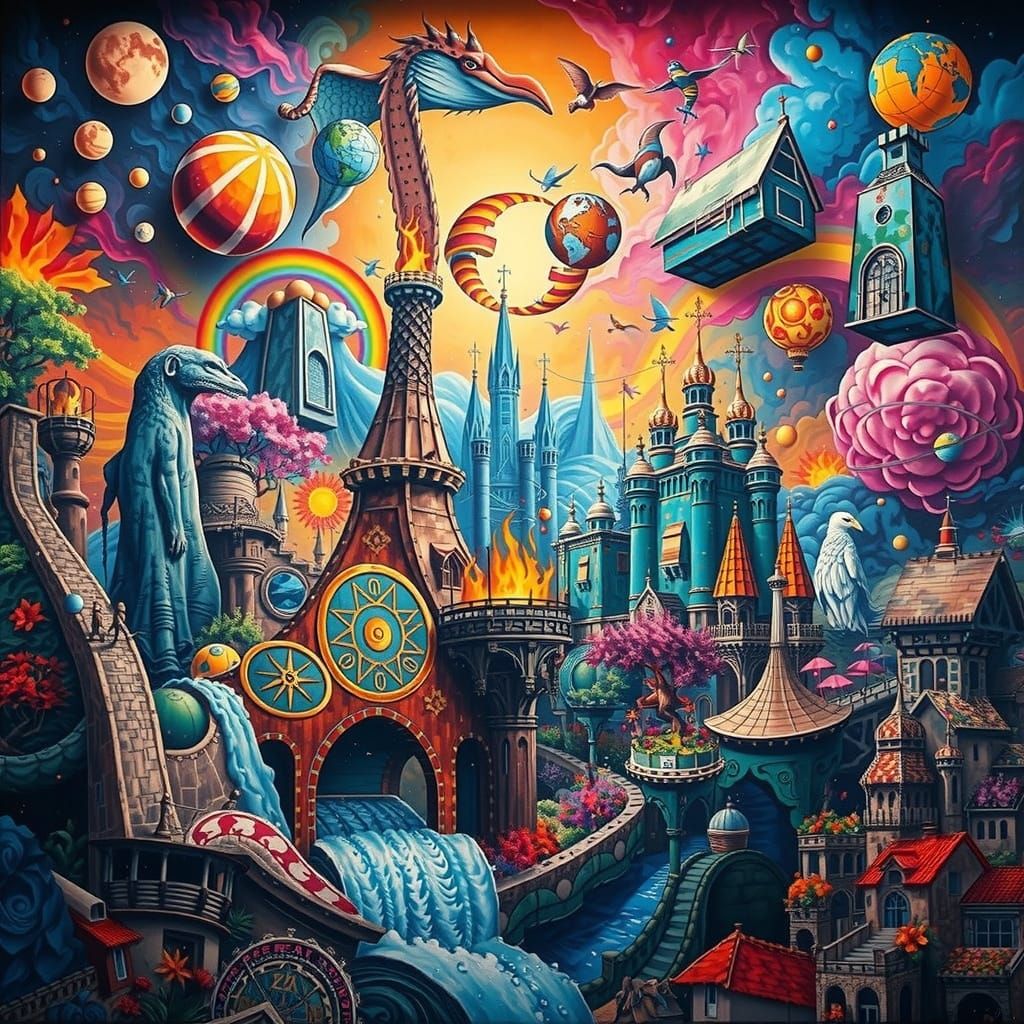 Vibrant Abstract Mural of Fantastical World