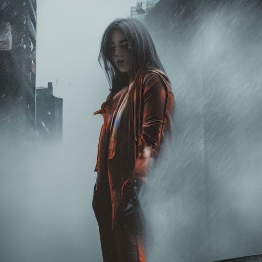 Dystopian Heroine in Ruined City: Comic Book Style