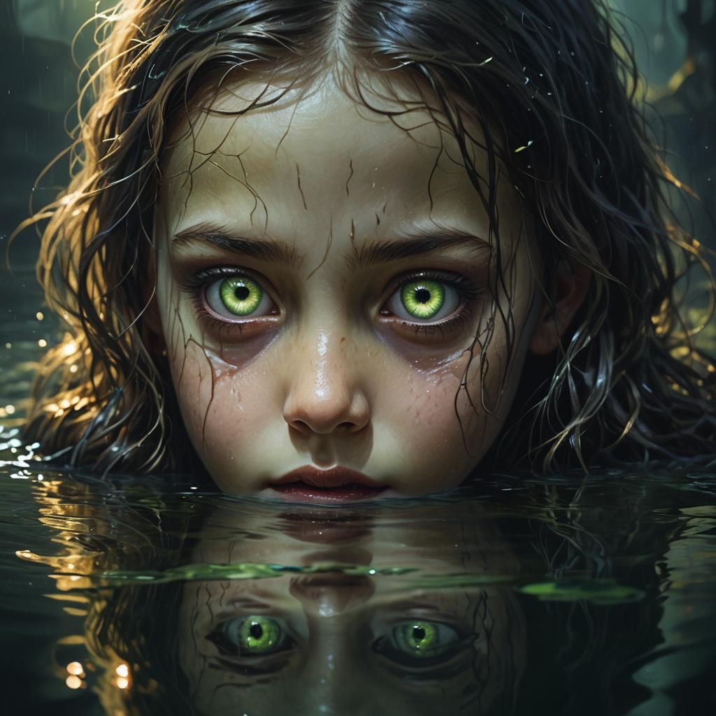 Eerie Reflection: Dark Fantasy Little Girl Portrait