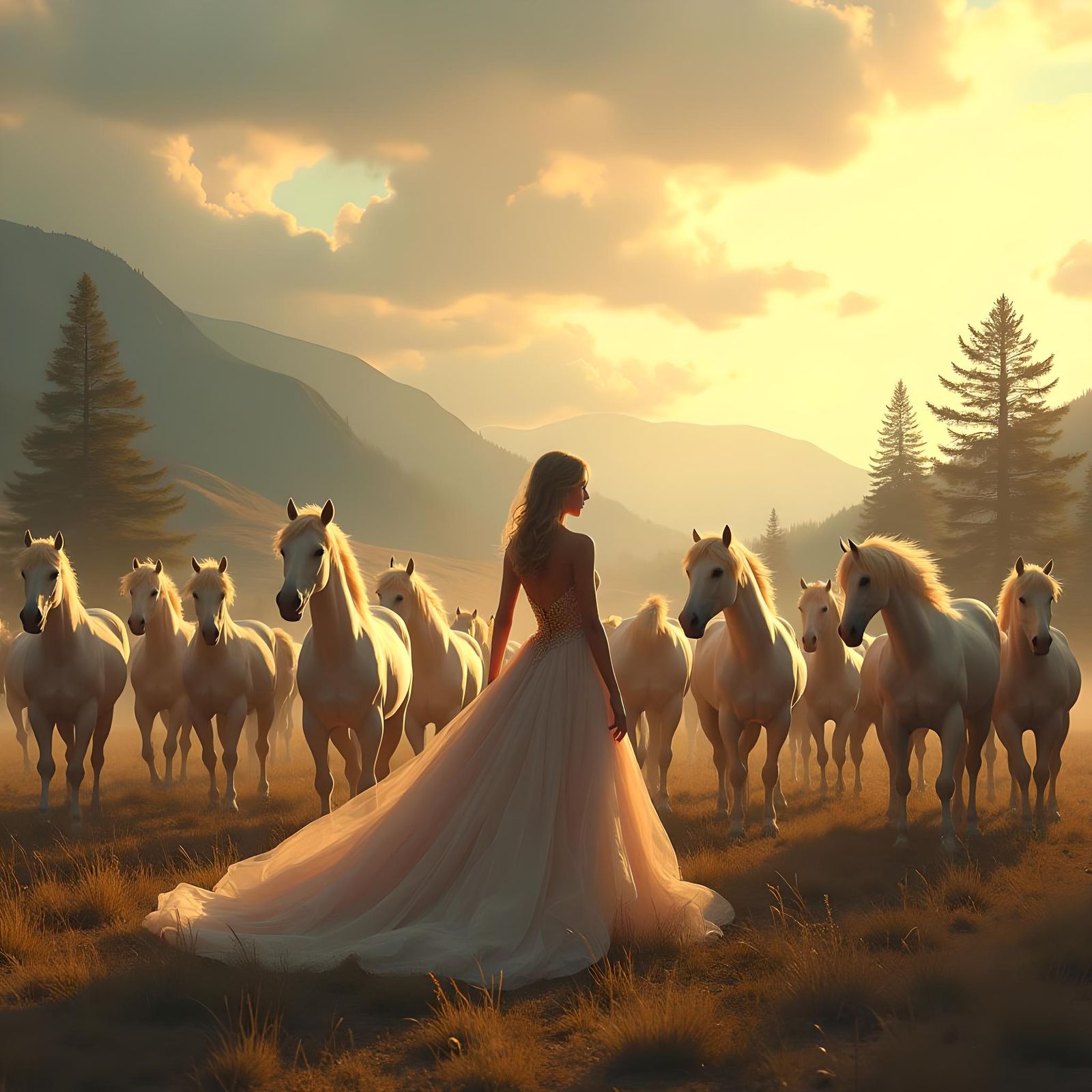 Taylor Swift with Horses: Detailed Matte Painting