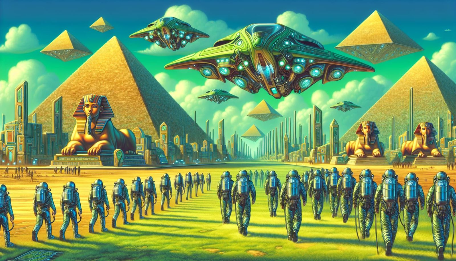 Futuristic Flying Machines Over Egyptian Pyramids
