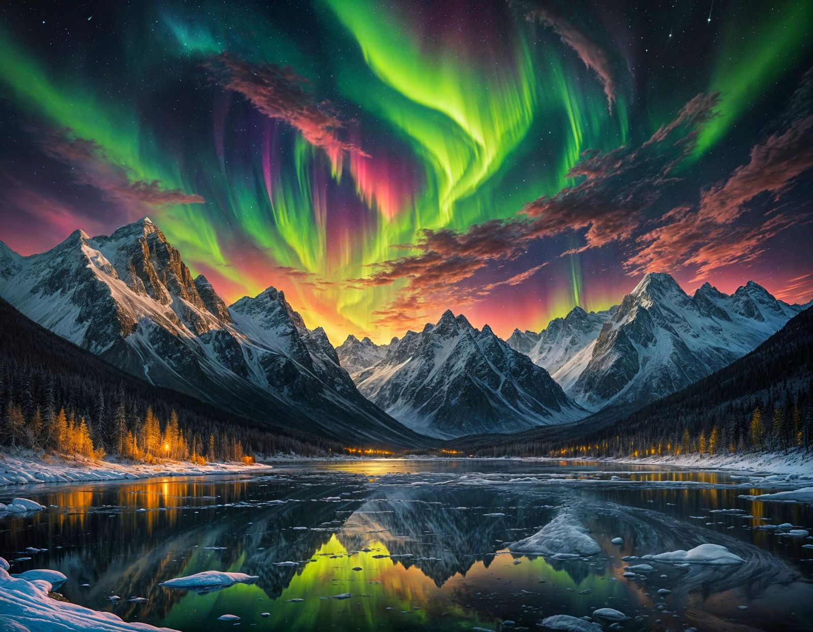 A mountainous landscape bathed in the glow of a brilliant au...