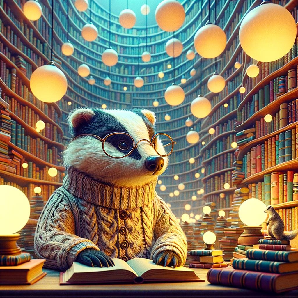 Badger in Library with Sweater and Glasses: Folk-Art Style