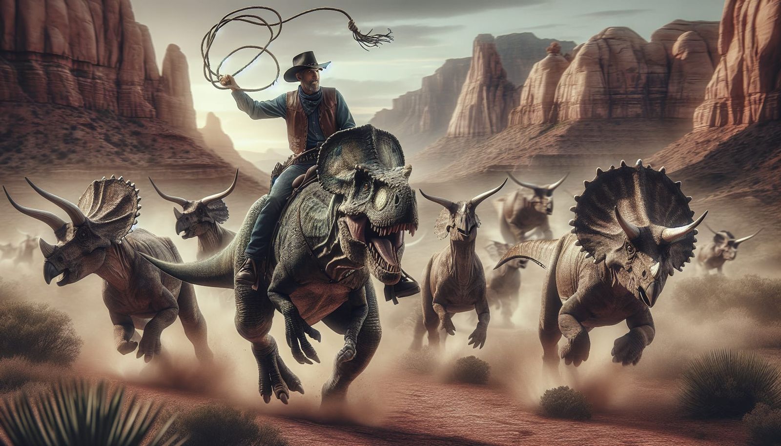 Cowboy Rides T-Rex with Triceratops Herd