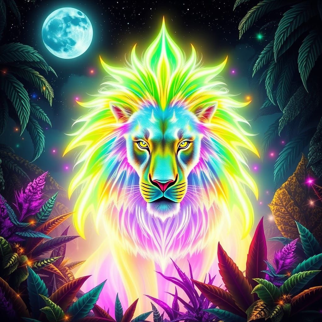 Luminous Lion in Vibrant Neon Hues, Surrounded by Jungle Fol...