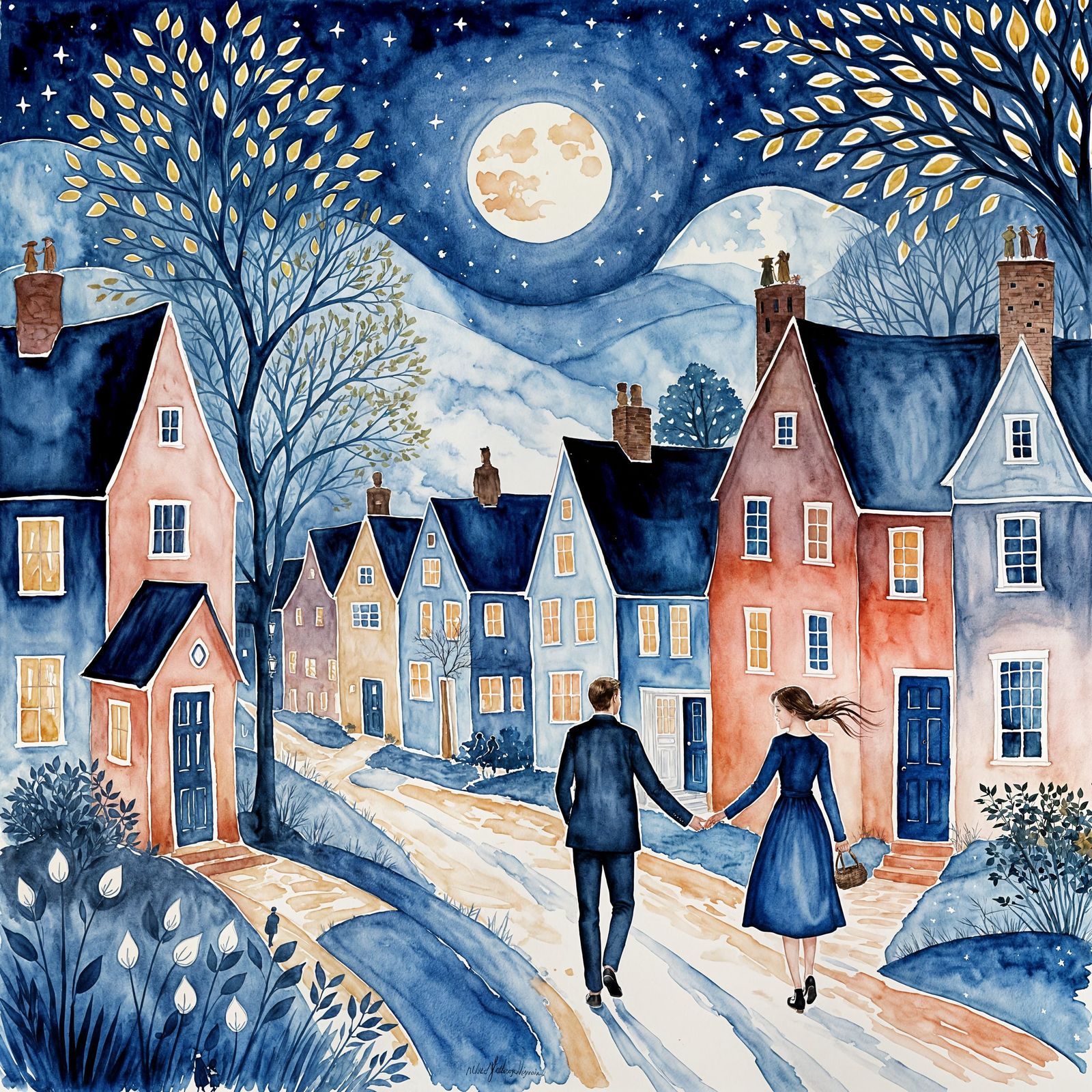 Romantic Night Village Watercolor Illustration