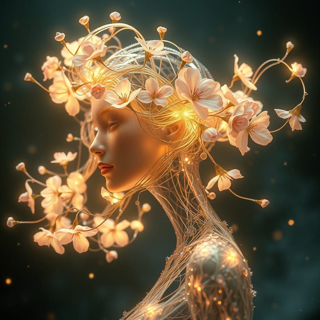 Ethereal Humanoid Figure in Dreamy Cherry Blossom Landscape