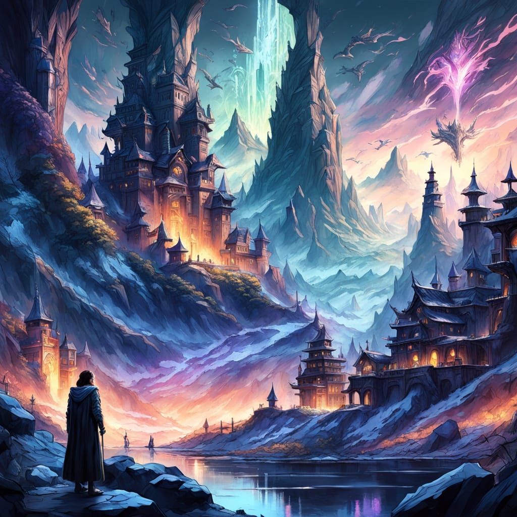 Dragon Guards Crystal City in Epic Fantasy Landscape