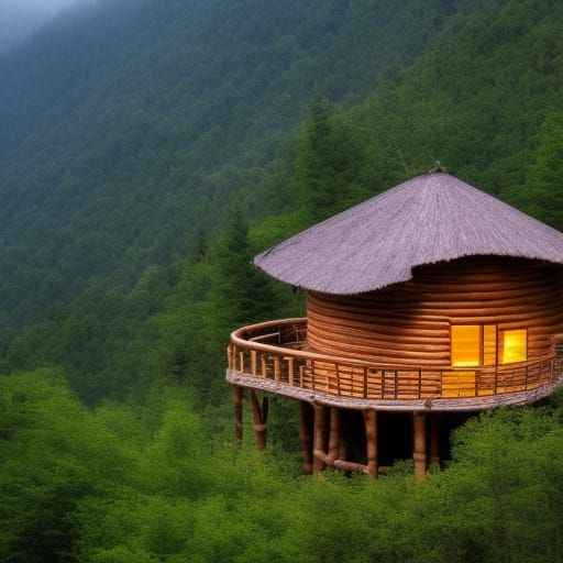 Bamboo Cabin at Dawn: Realistic Alpine Photo