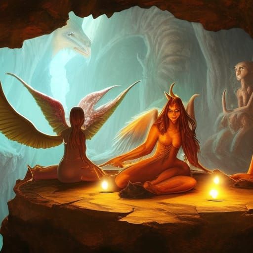 Winged Demon Oversees Ritual Sacrifice in Cave