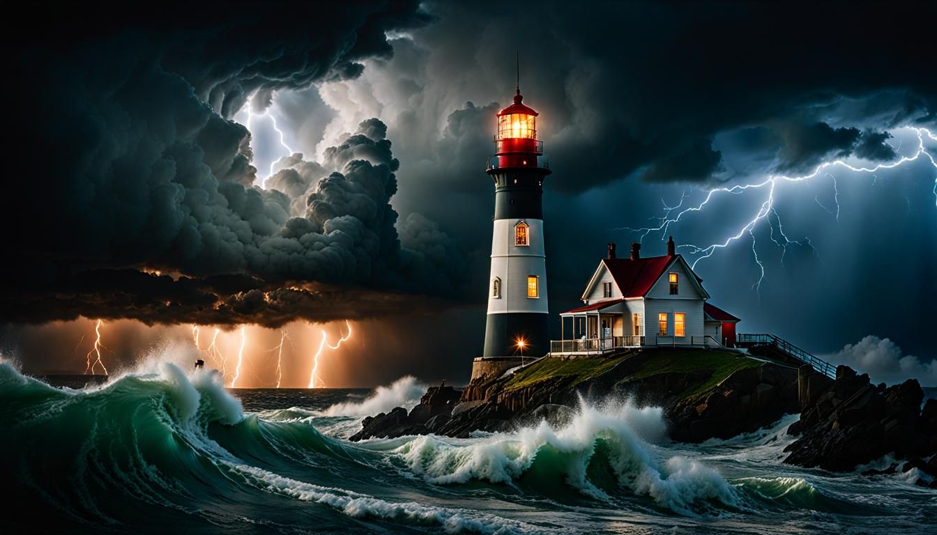 Lighthouse Against Raging Storm in Luminist Style