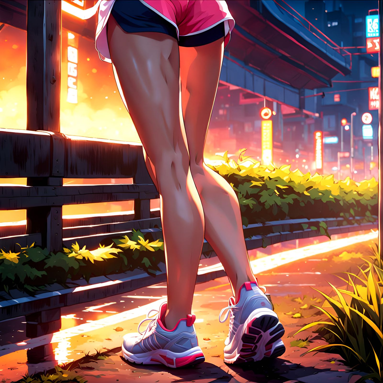 Girl Resting Bare Feet after Jogging, Anime Style