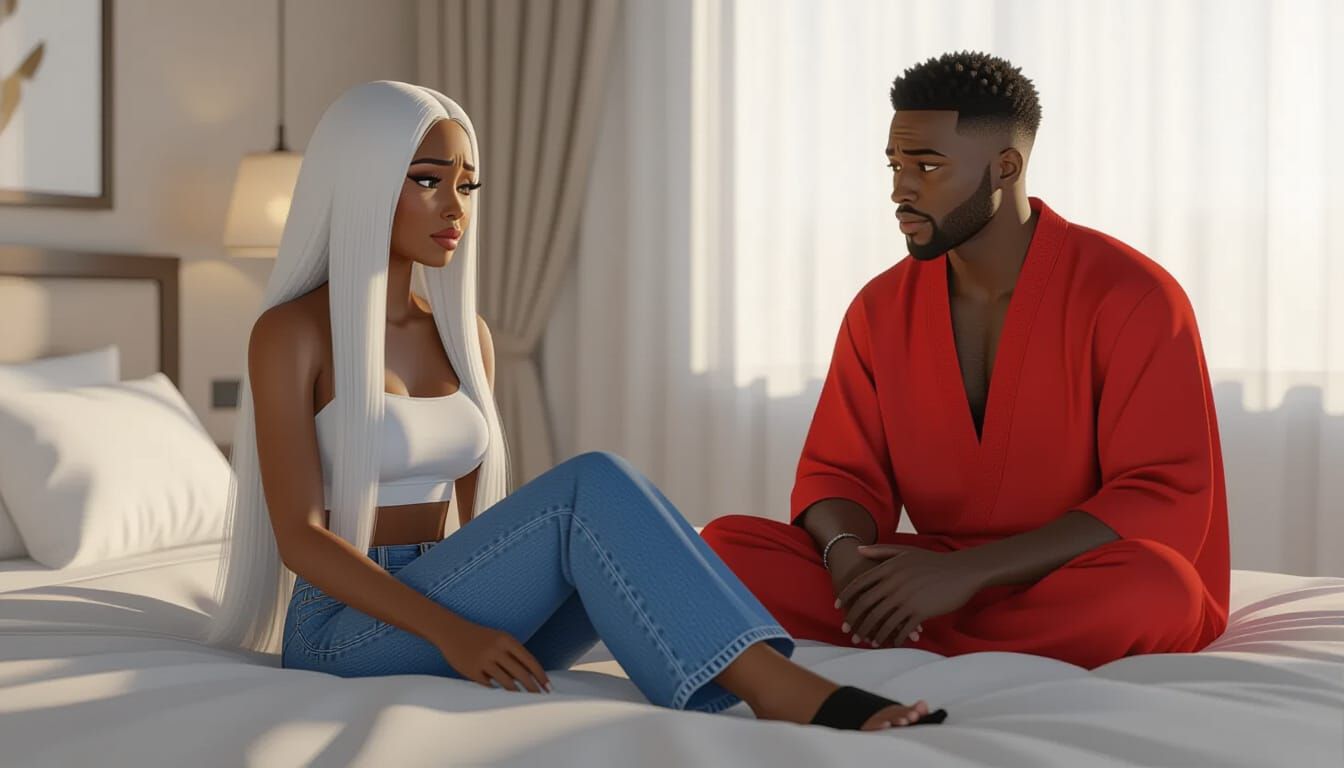 African Woman Crying in Luxury Bedroom, Animated Style