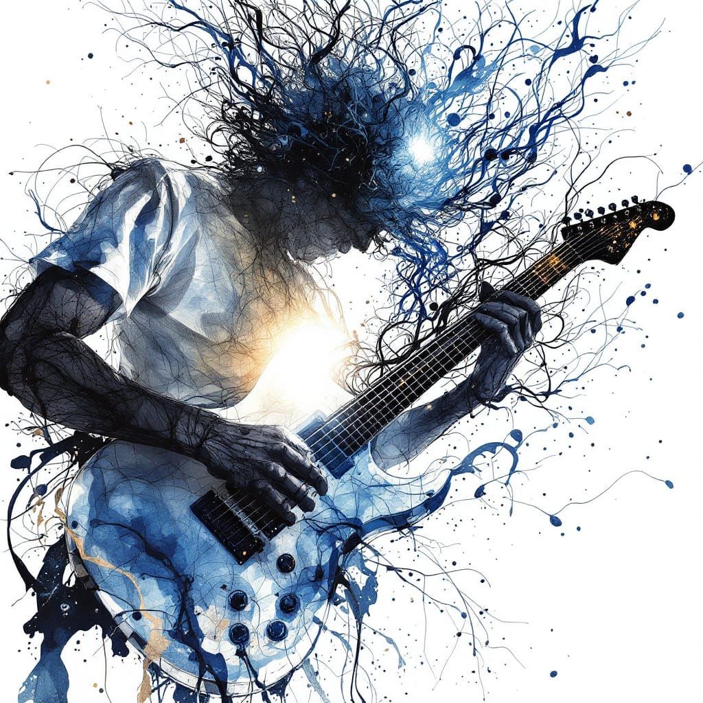 Guitarist Strings Unravel Into Ink and Light Streams