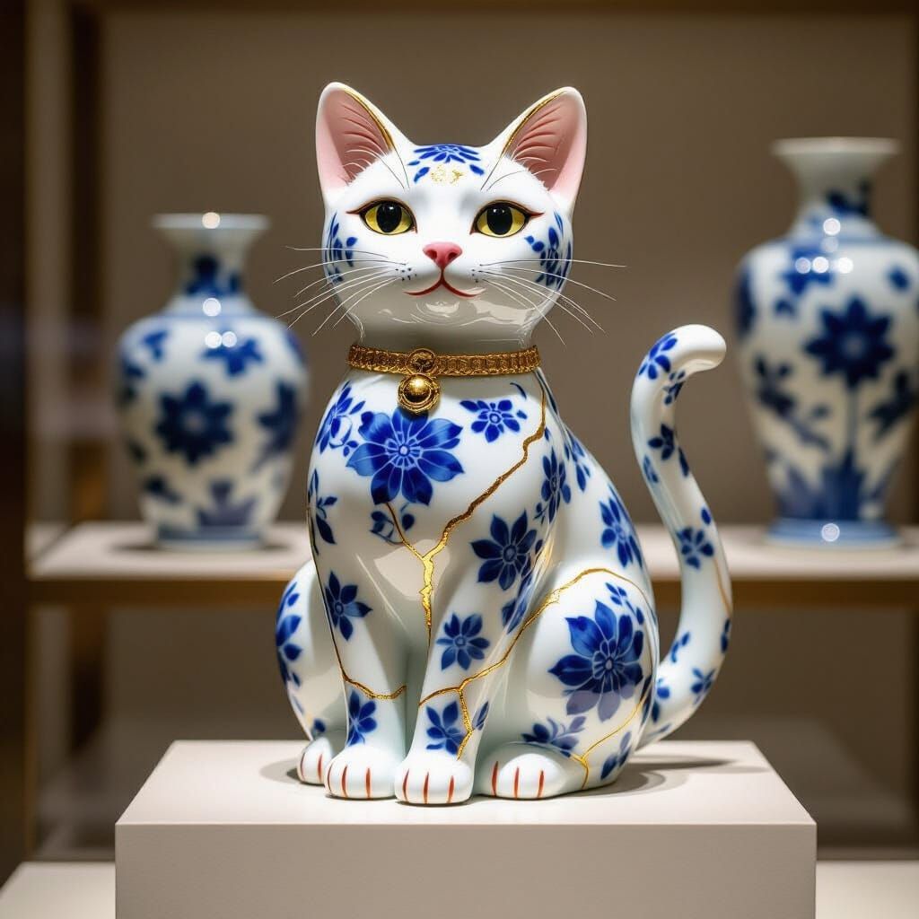 Kintsugi Porcelain Cat Figurine in Chinese Ceramic Style