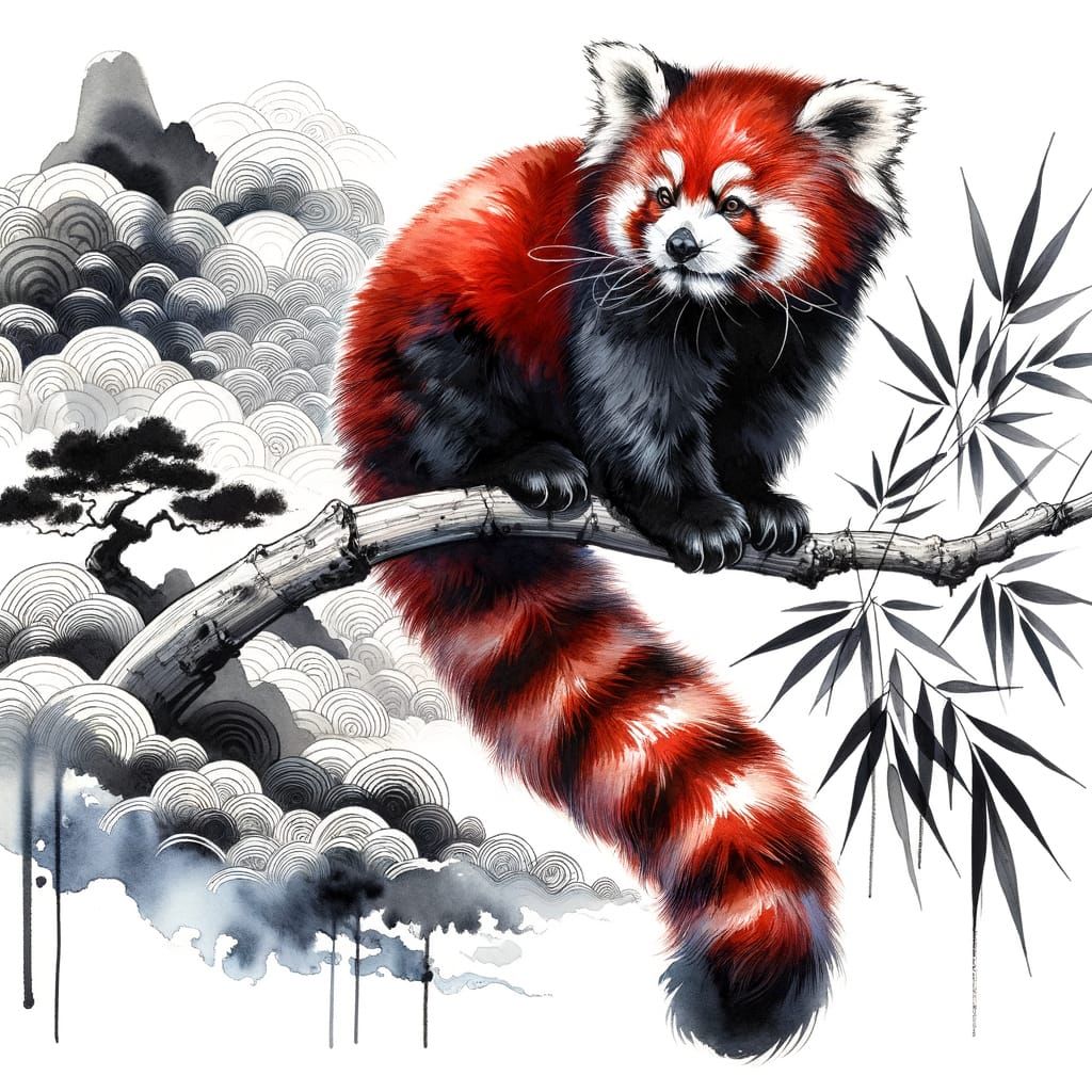 Red Panda on Bamboo Branch in East Asian Ink Wash Style