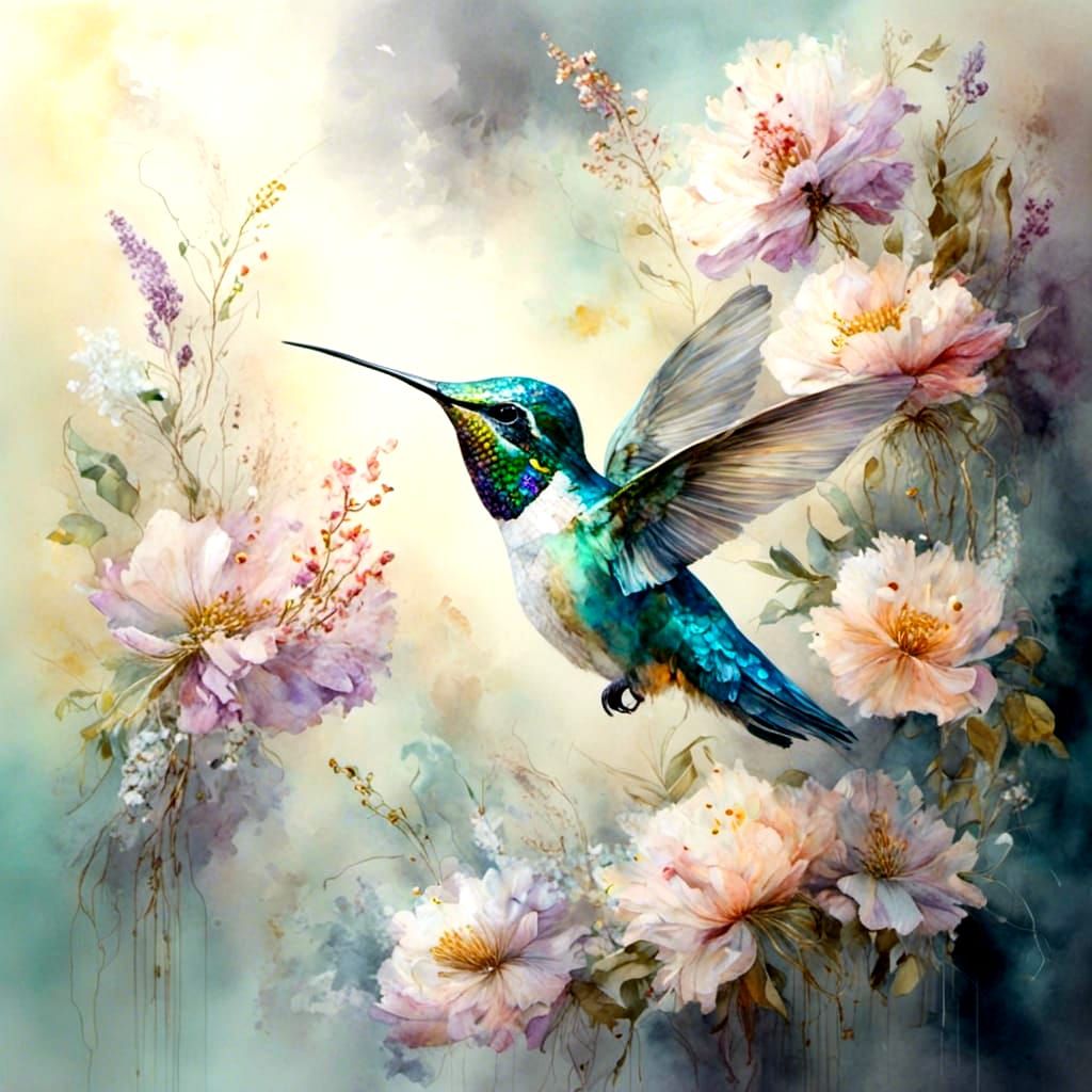 Watercolor Hummingbird with Gold Accents