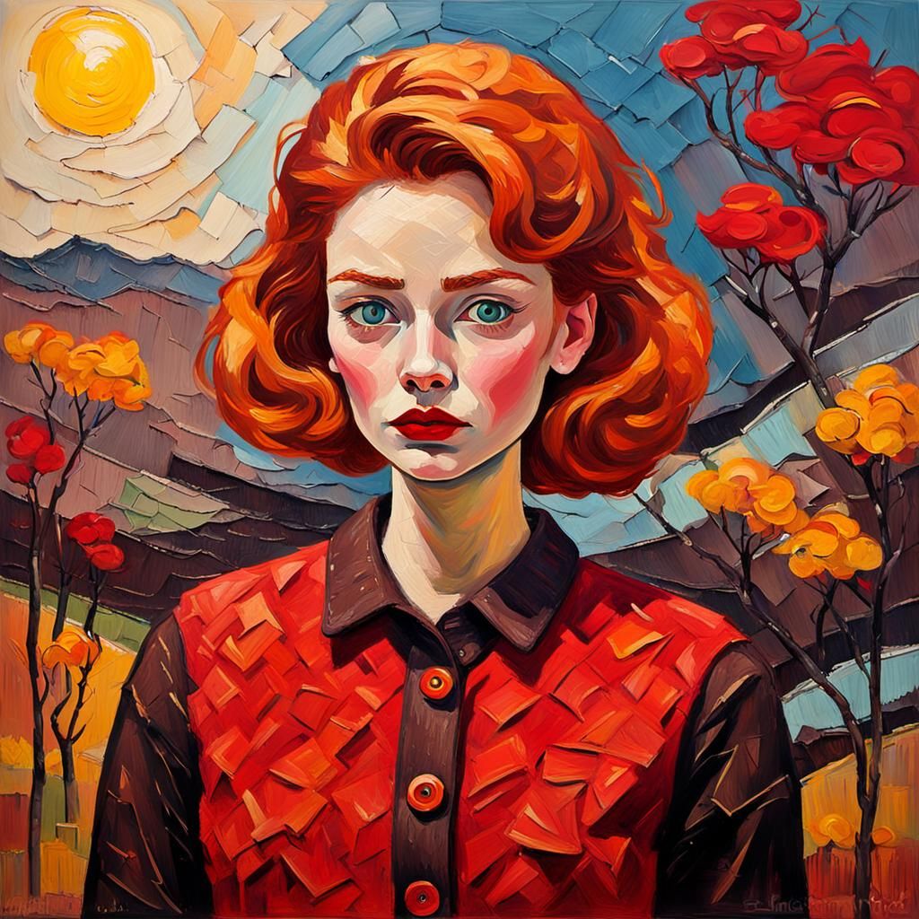 Redhead in Fauvist Oil Painting with Impasto Textures