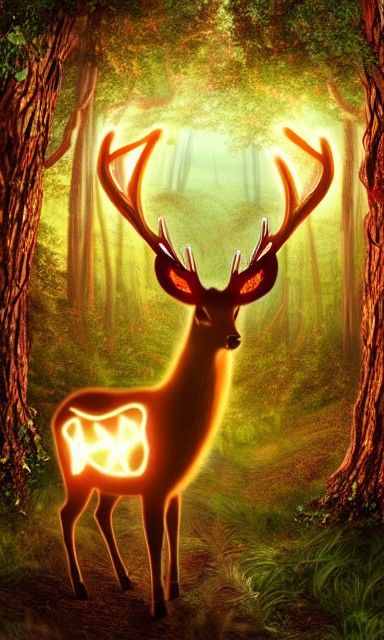 Mythical Deer with Glowing Antlers in Forest
