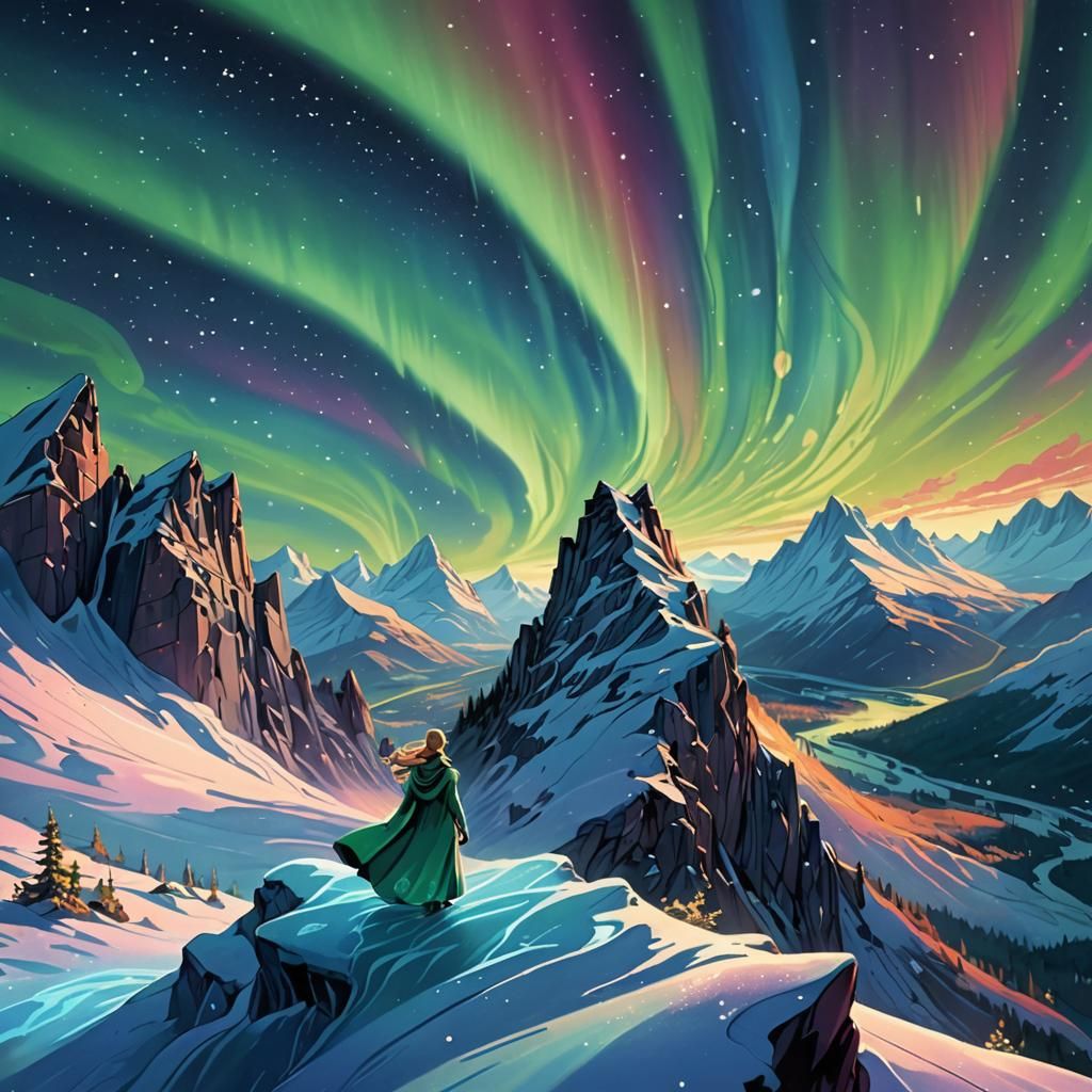 Dreamlike Aurora Borealis over Snowy Mountain