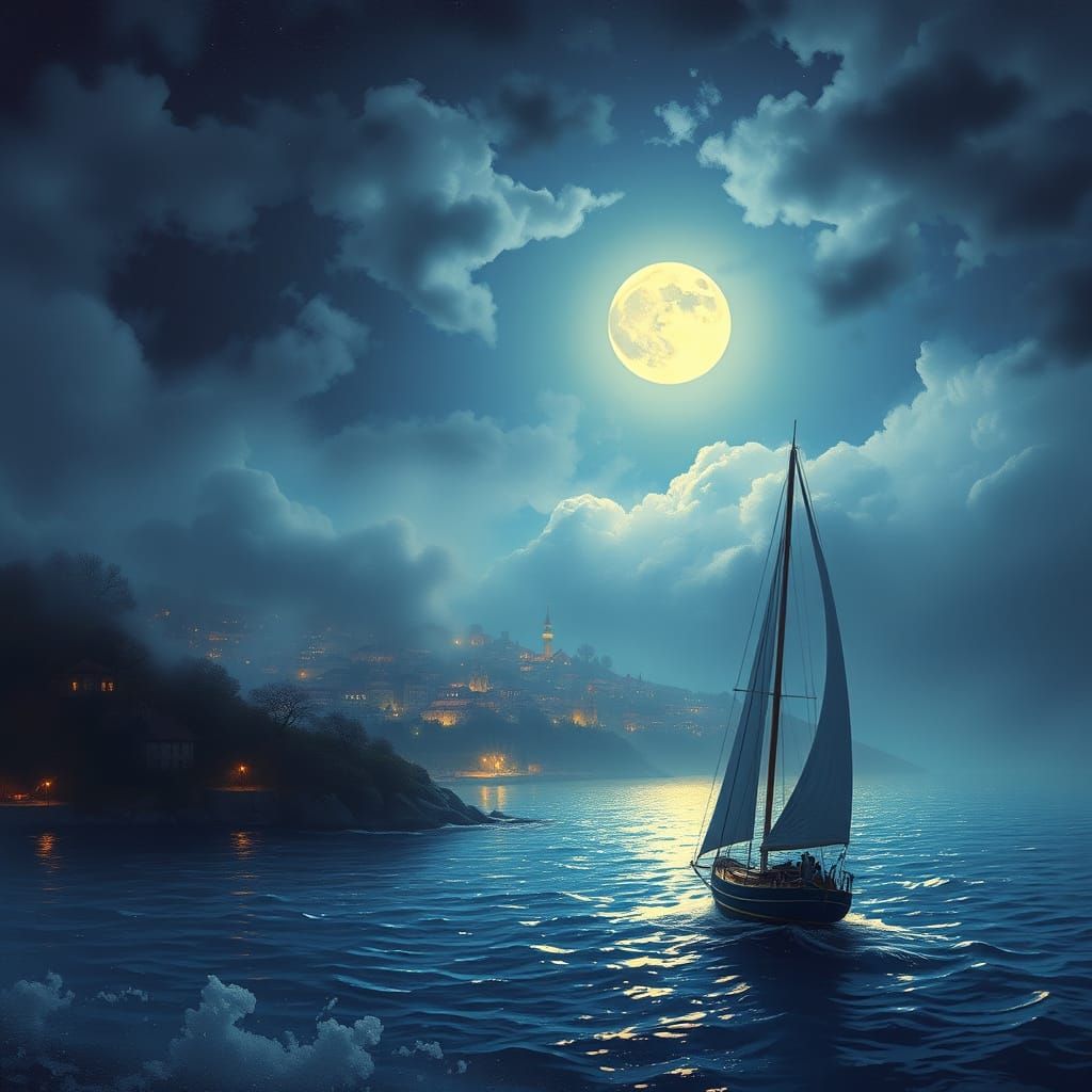 Ethereal Night Seascape with Sailing Yacht and Full Moon