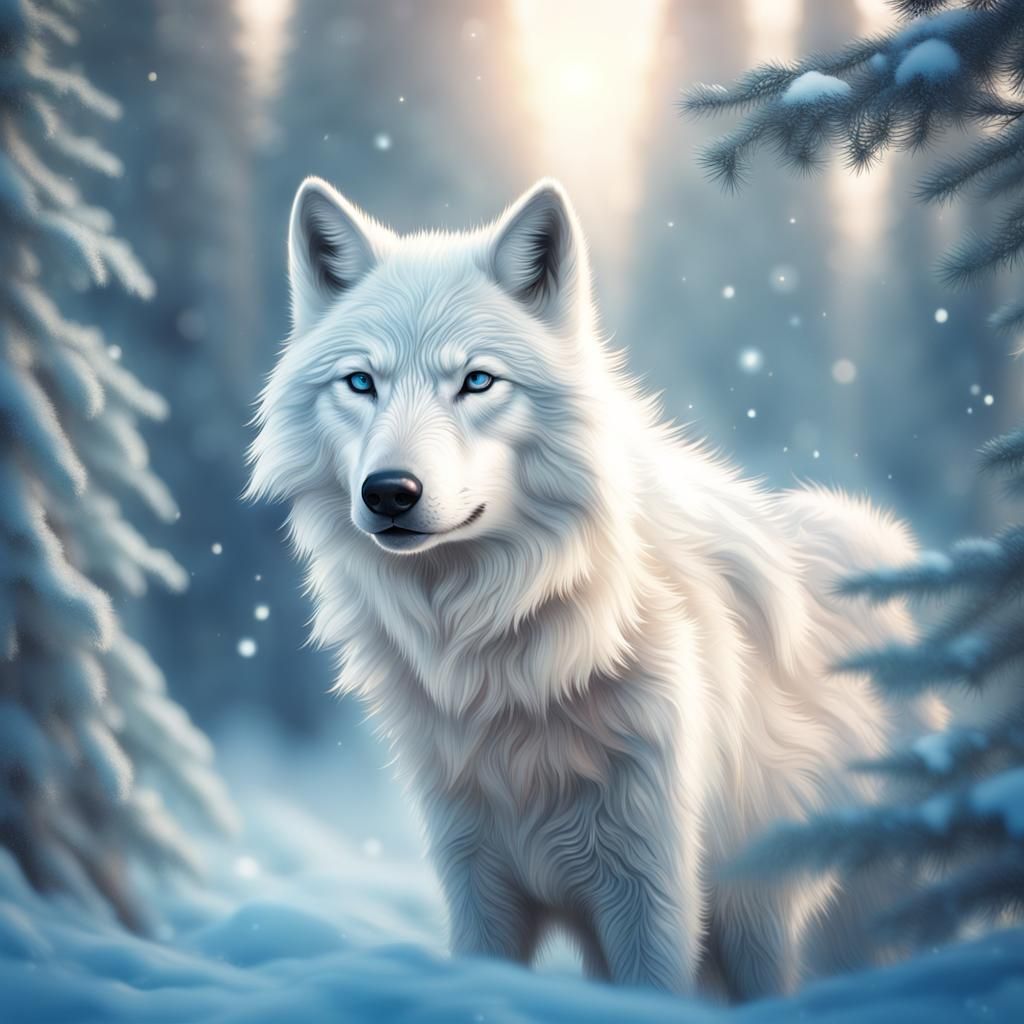 Fluffy White Wolf with Blue Eyes in Snowy Forest