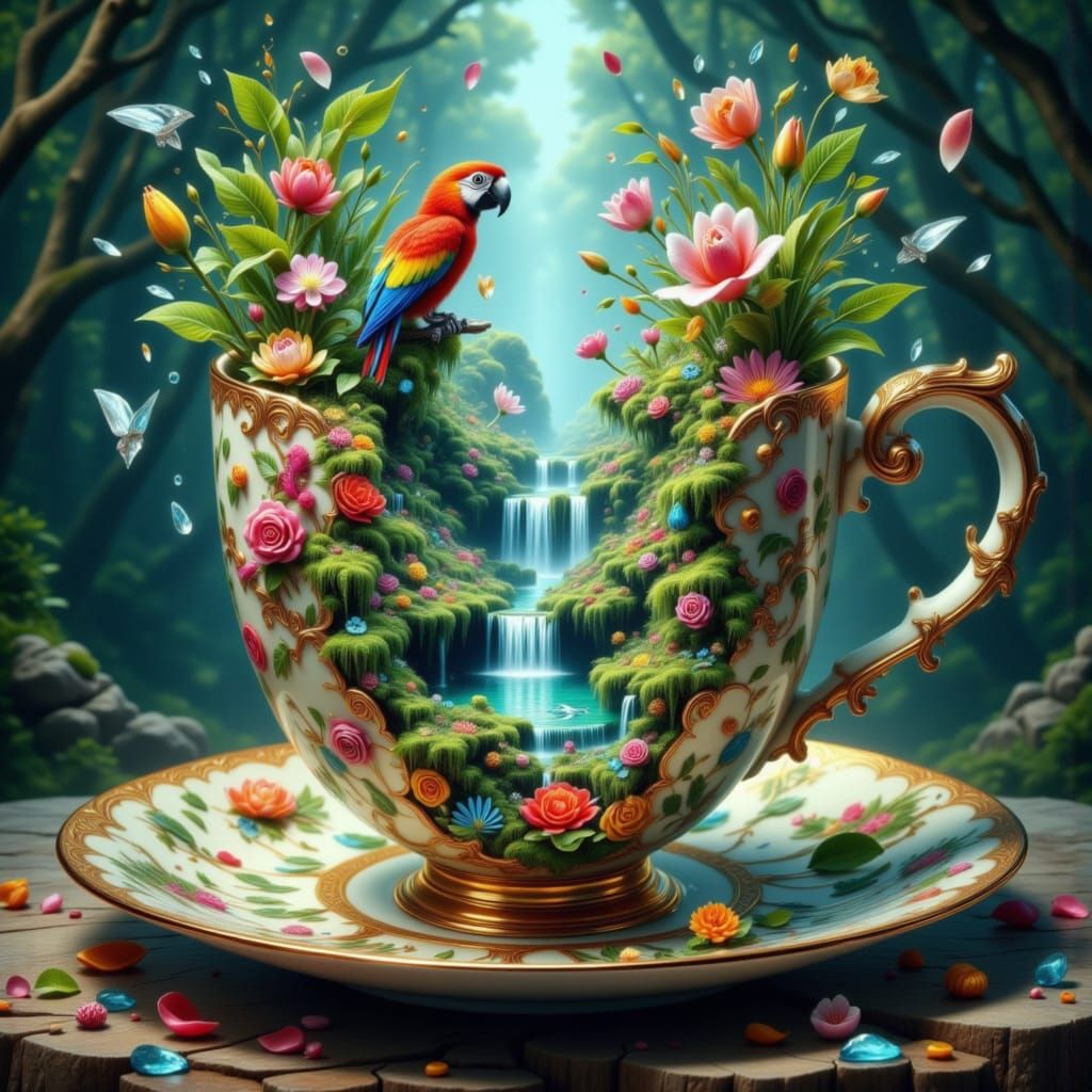 Surreal Jungle Teacup with Macaw in Dreamlike Style