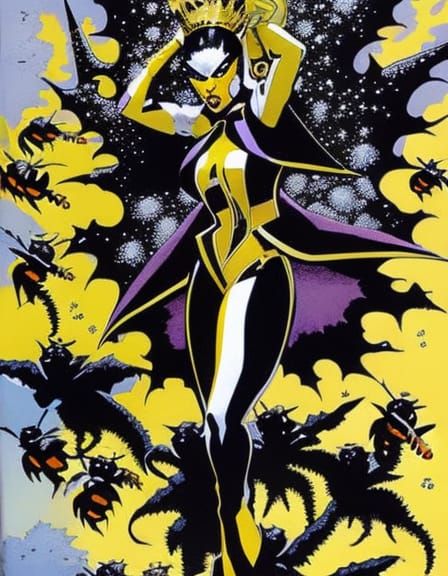 Queen Bee with Bumblebee Swarm in Comic Book Style