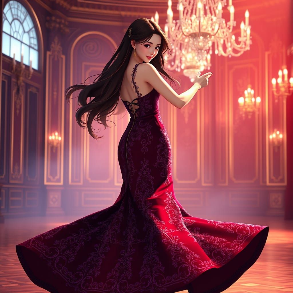 Elegant Woman Dancing in Ballroom: 3D Anime Art