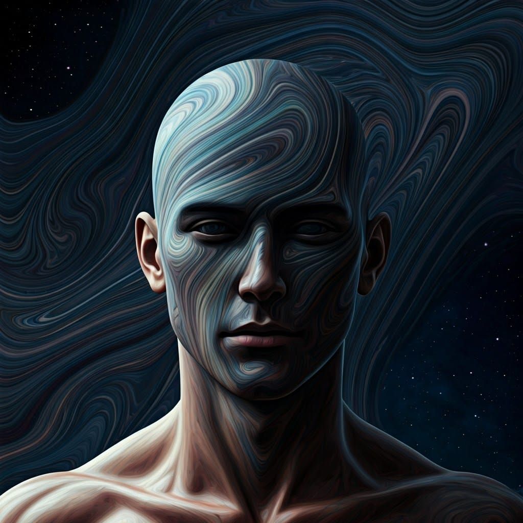 Surreal Marbled Portrait Dissolving into Cosmic Abyss