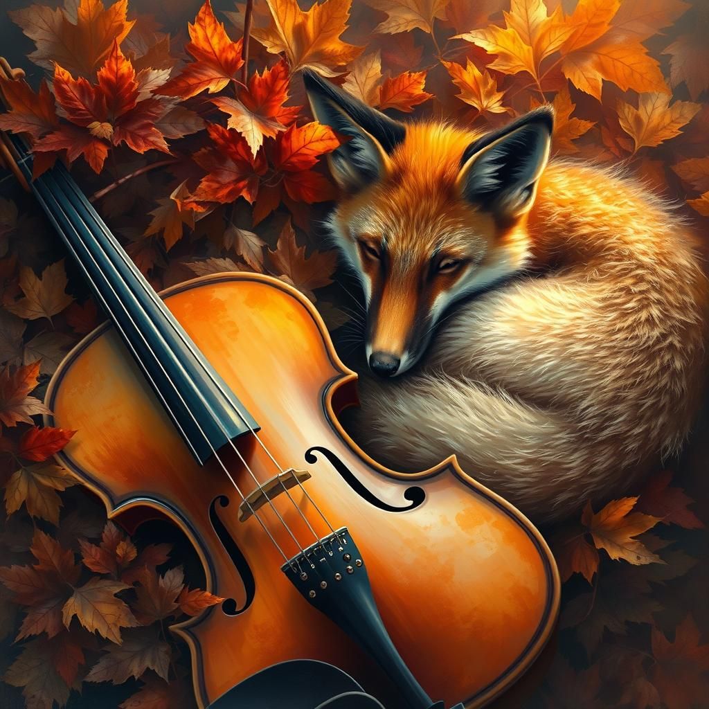 Ethereal Violin Beside Fox in Autumn Leaves