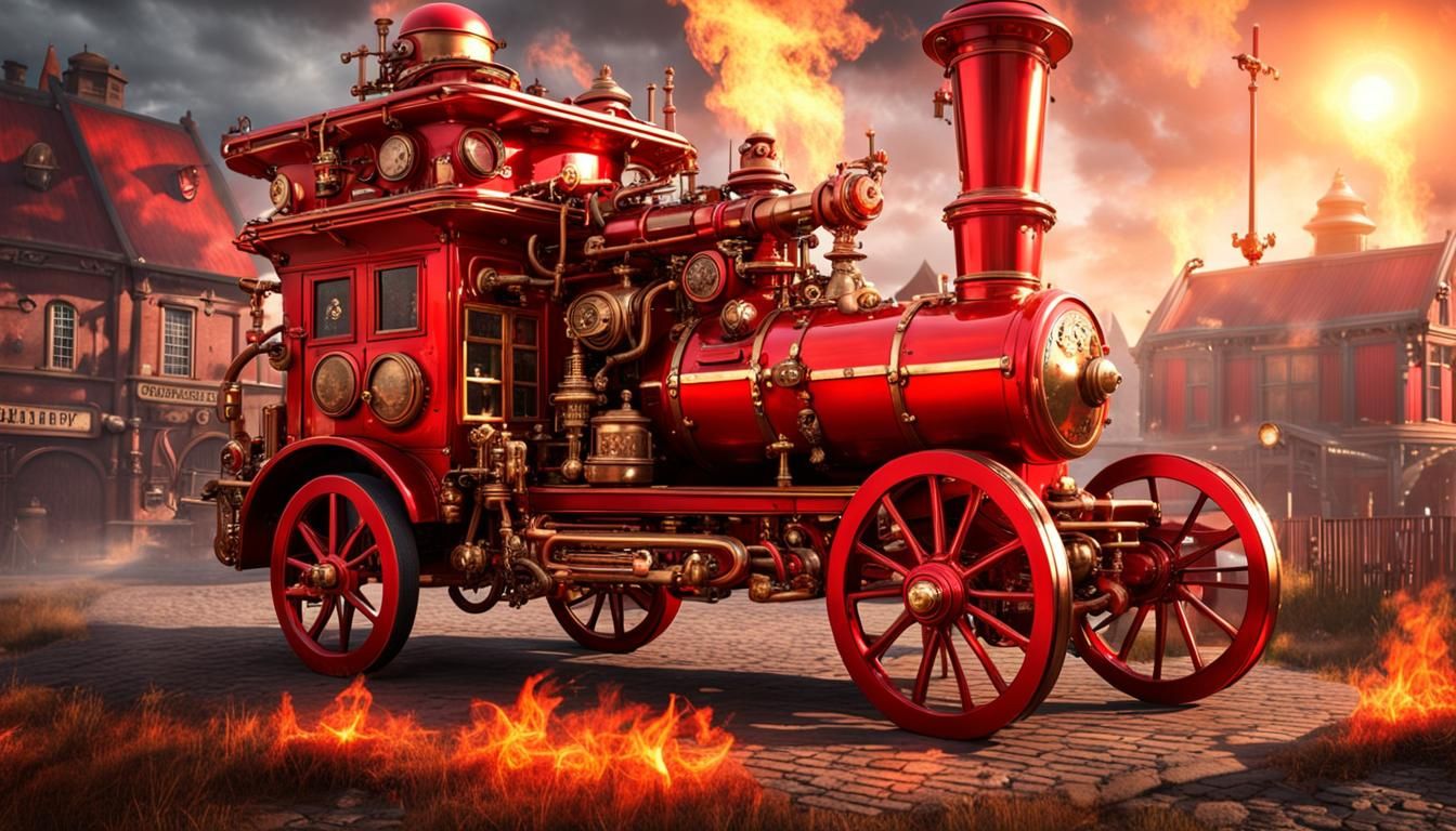 Bright Red Steampunk Fire Engine in Village