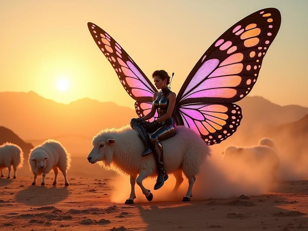 Cyberpunk Shepherdess Riding Giant Butterfly