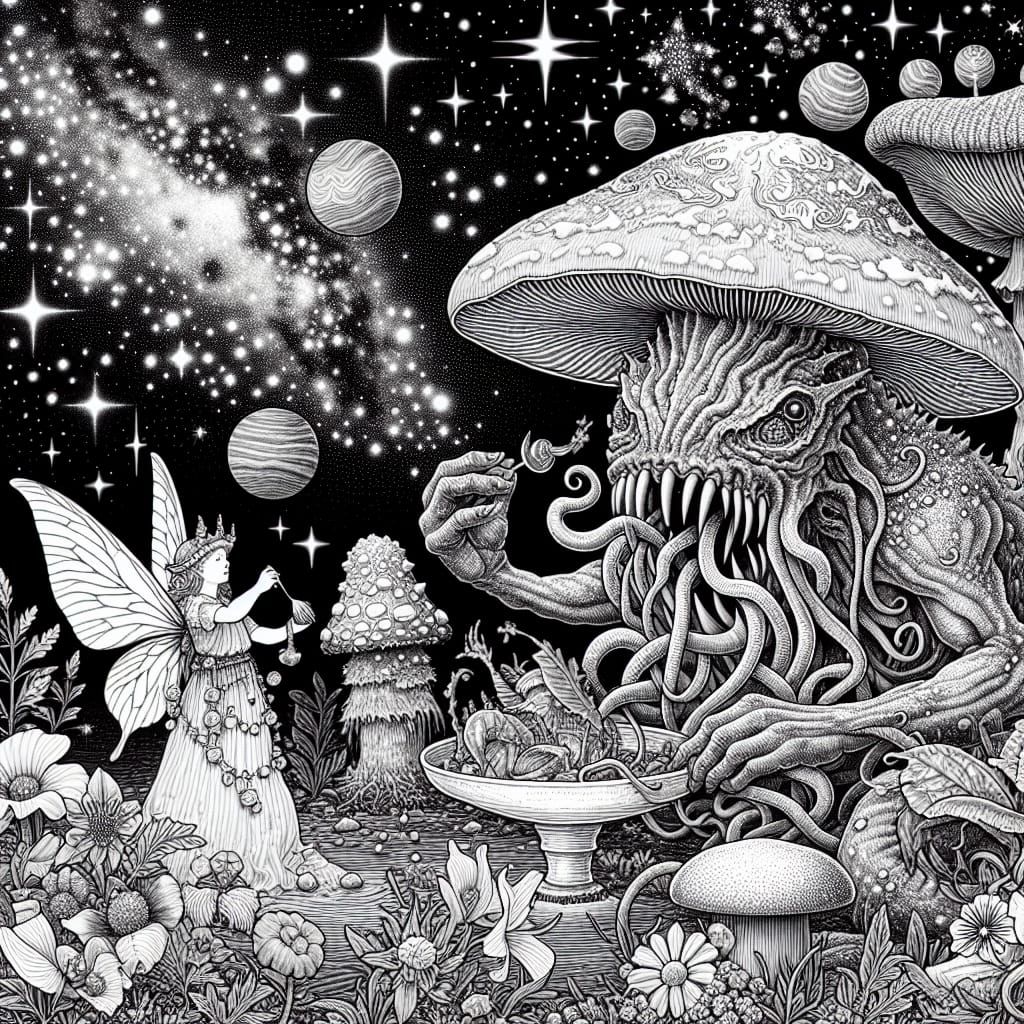 Fairytale Coloring Book Page: Squid Monster Eats Fairy