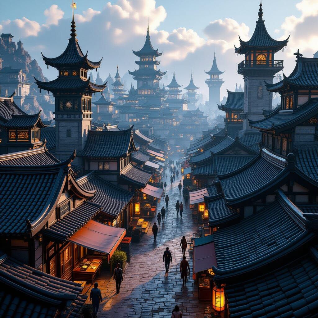 Medieval Cyberpunk City Rooftops in Epic 3D Style