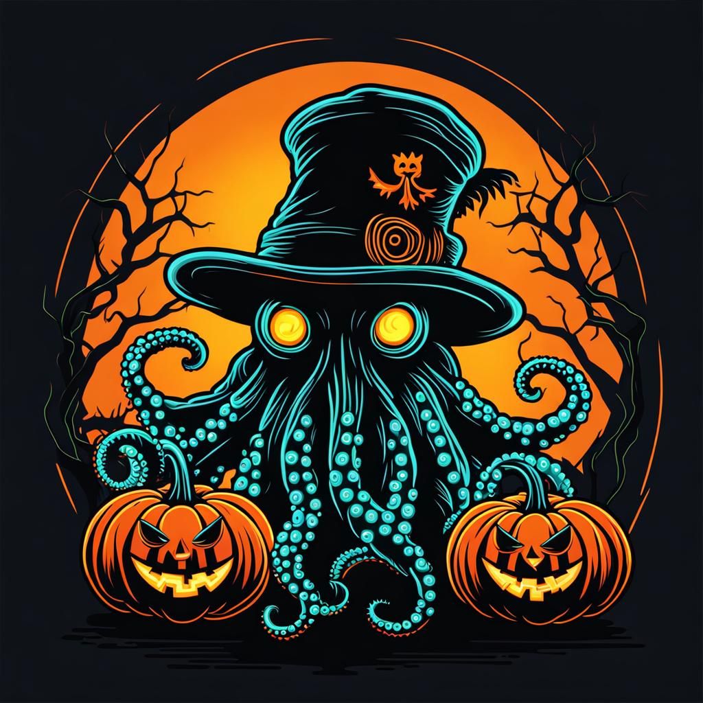 Neon Octopus Pumpkin Scarecrow Vector Art