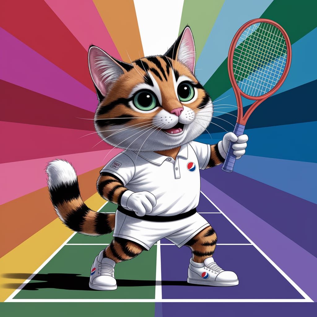 Cartoon Cat Plays Wimbledon in Watercolor Painting