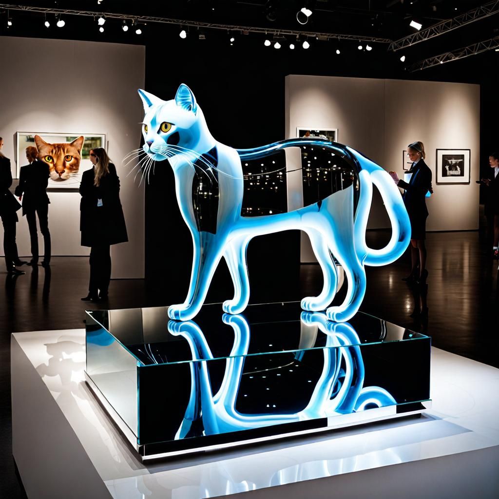 Transparent Glass Cat Sculpture on Mirrored Platform