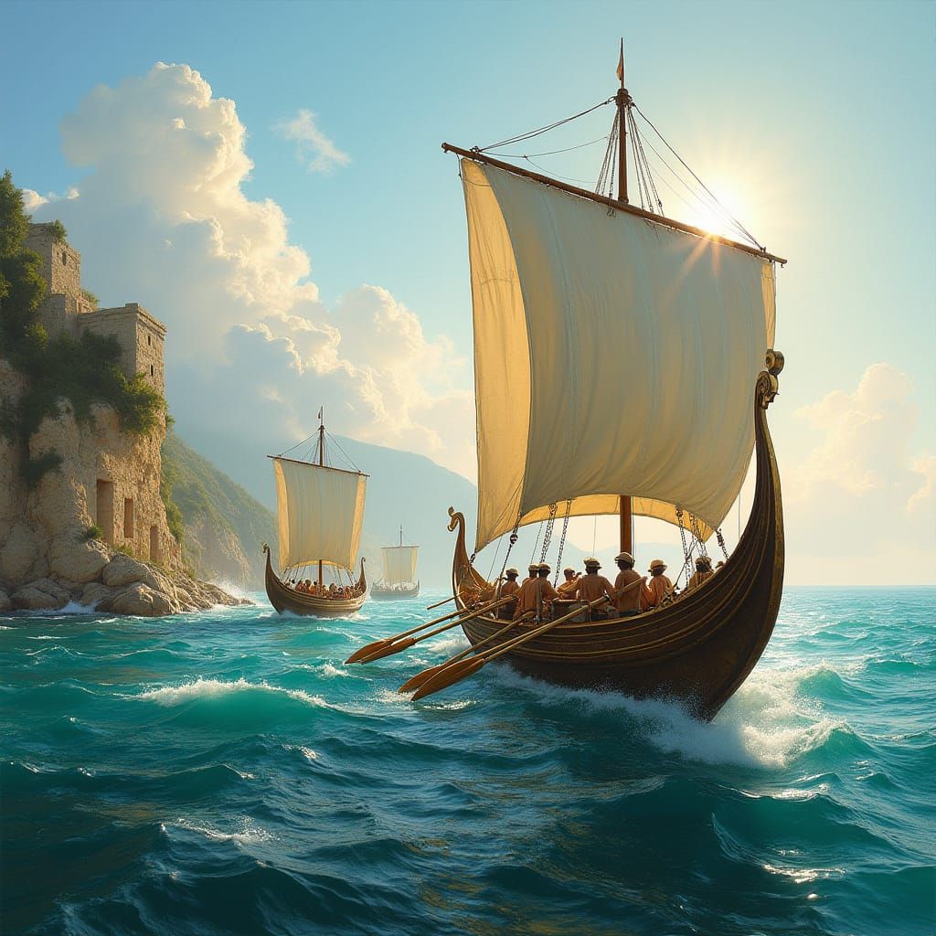 Ancient Greek Triremes Sail Towards Sun-Kissed Shore in a Dr...