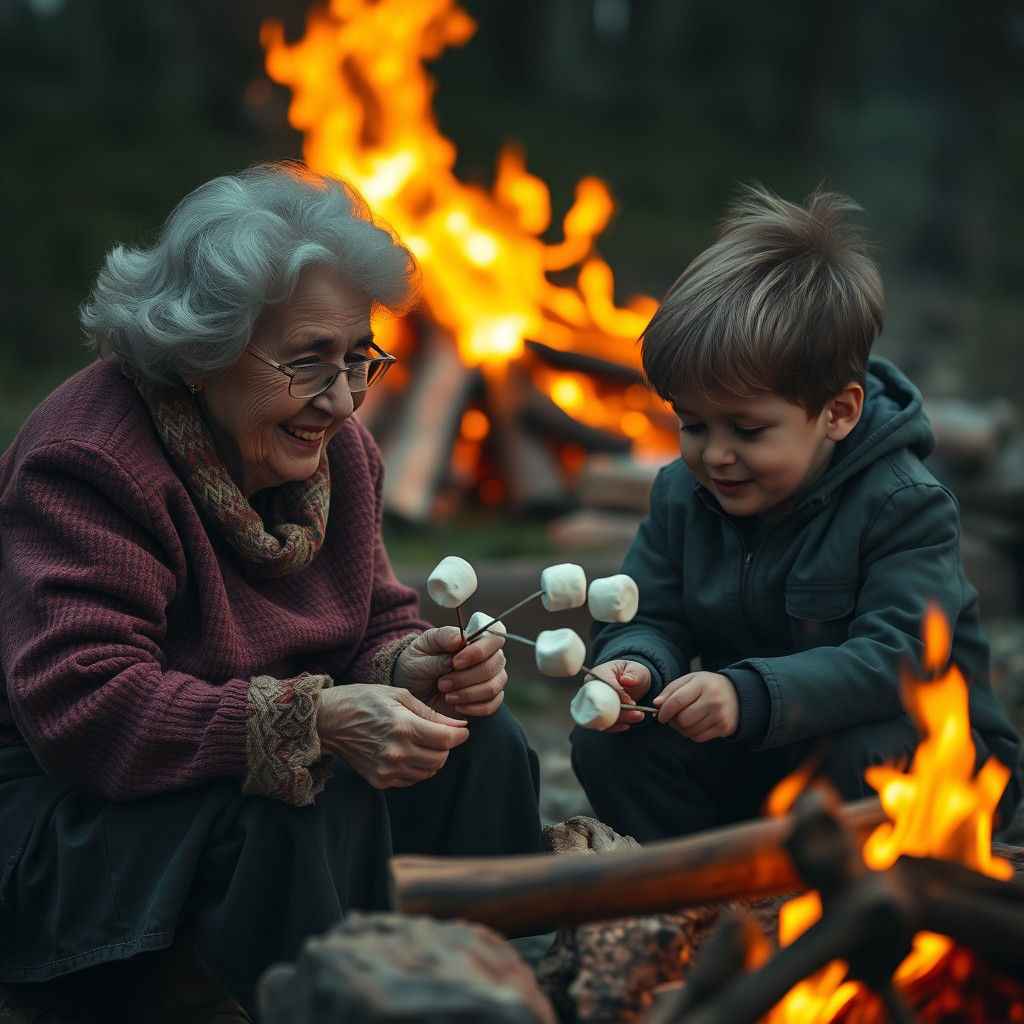 Grandmother and Grandson Roasting Marshmallows by Fire