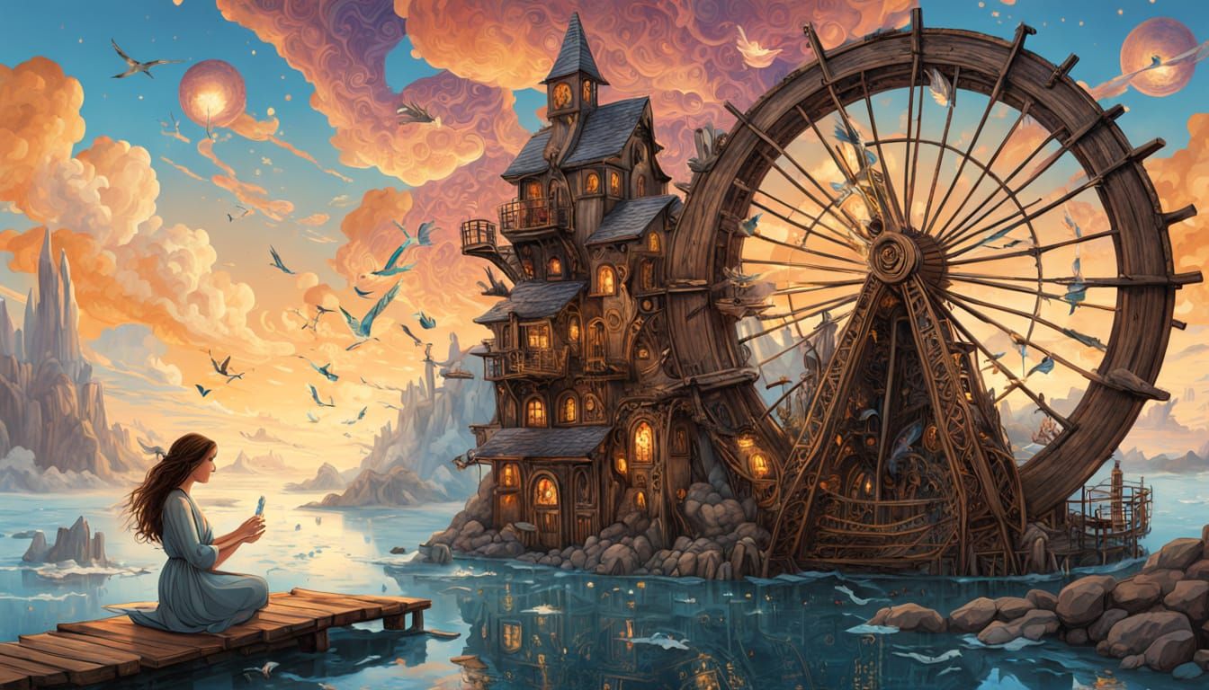 Mystical Woman in Steampunk Waterwheel Scene with Dreamlike ...