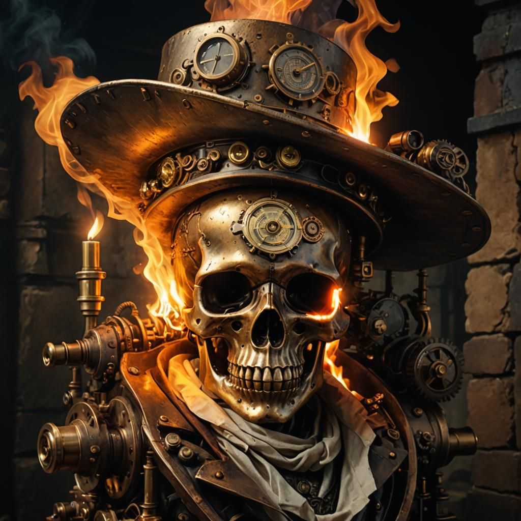 Steampunk Skull in Fire Hat Illustration