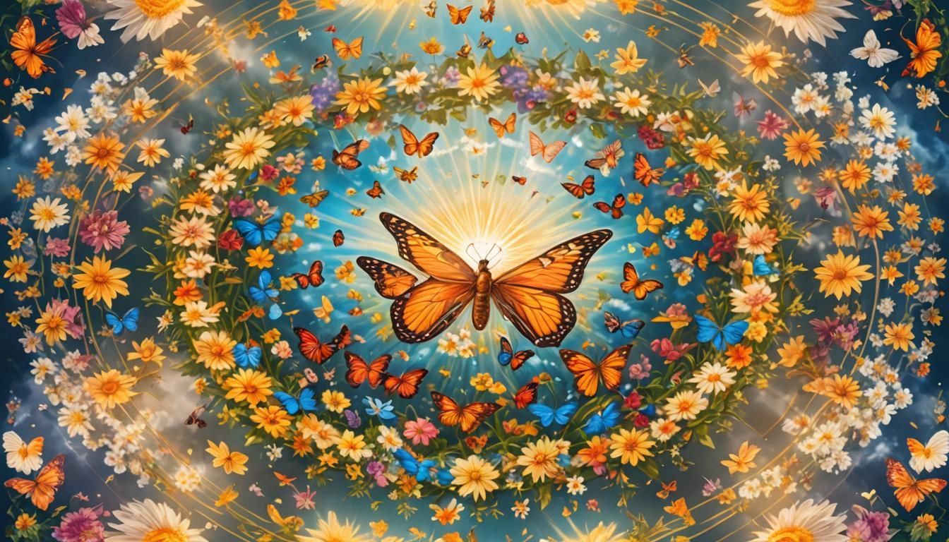 A mandala of flowers and butterflies. heavenly sunshine beams divine bright soft focus holy in the clouds