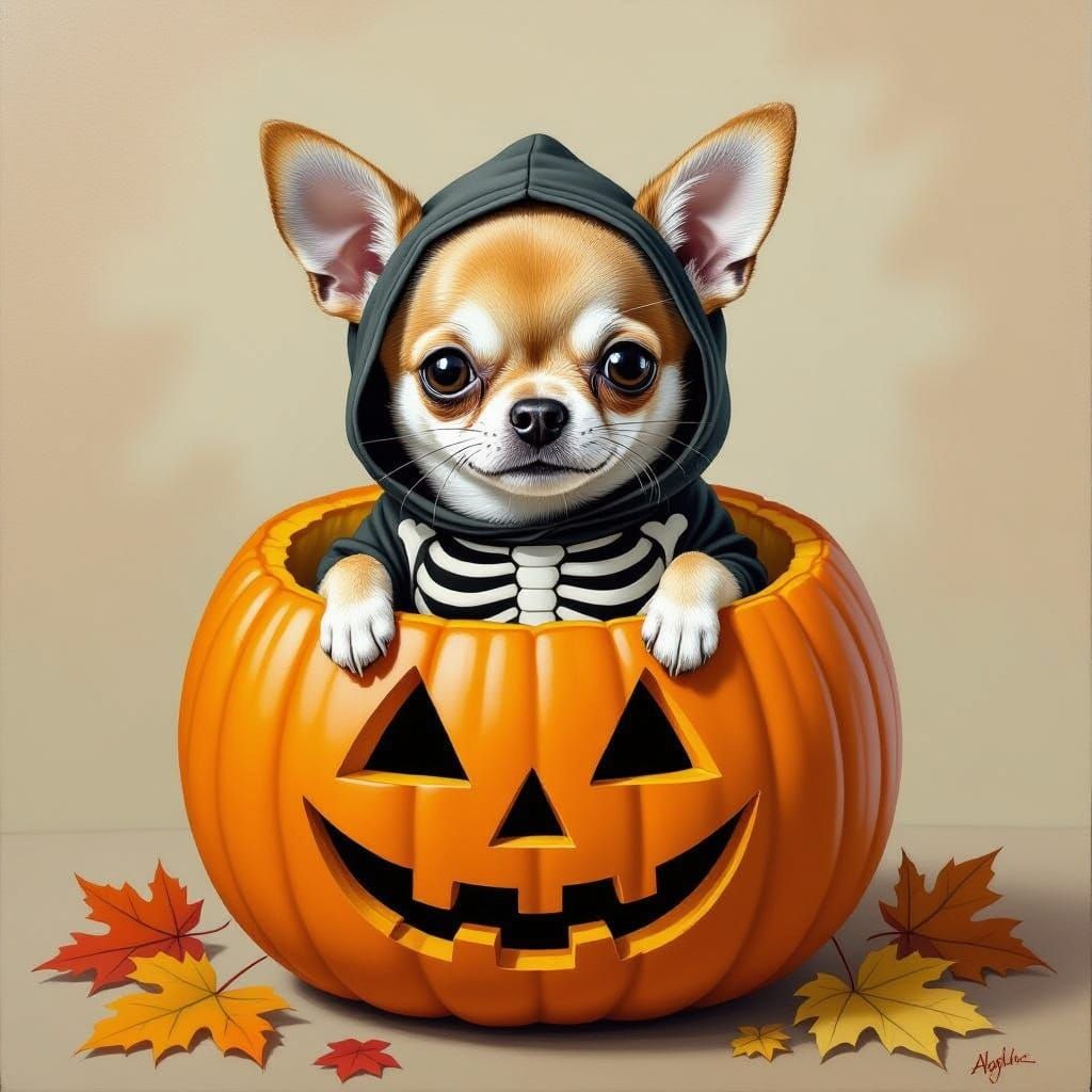 Chihuahua in Skeleton Costume Inside Pumpkin Hyperrealistic ...