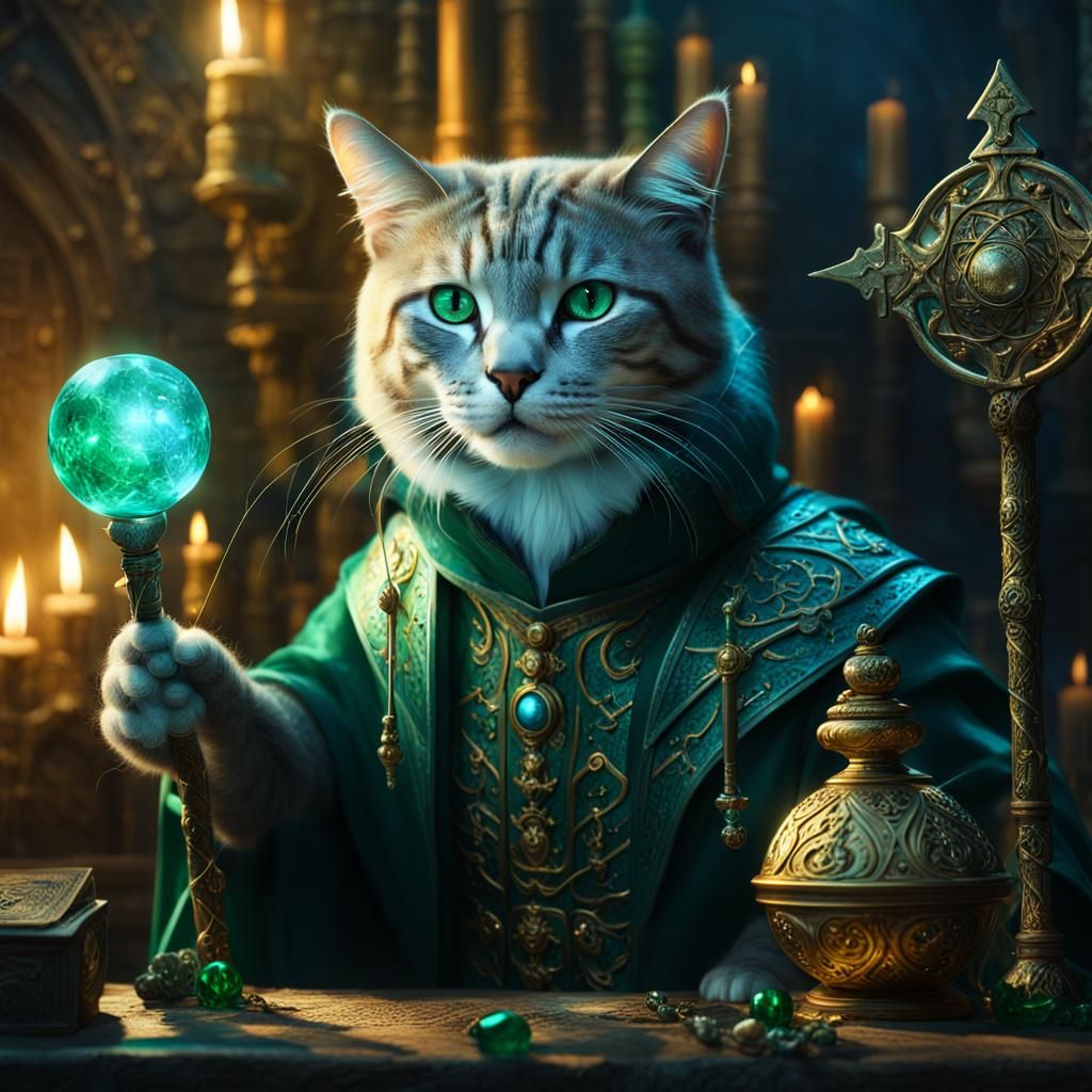 Cat Wizard Portrait in a Fantasy Matte Painting
