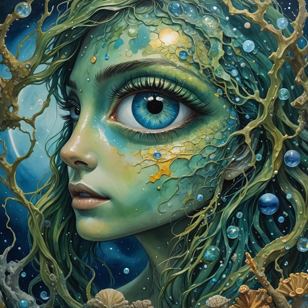 Ocean Goddess Swimming to the Moon, Digital Art