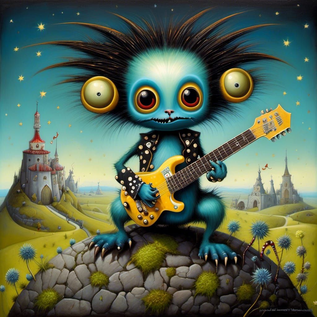 Punk Rock Monster on Hilltop, Dark Fantasy Art